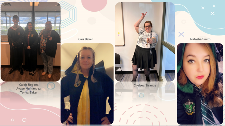 Harry Potter themed photo participants: Caleb Rogers, Avaye Hernandez, Tonya Baker, Natasha Smith