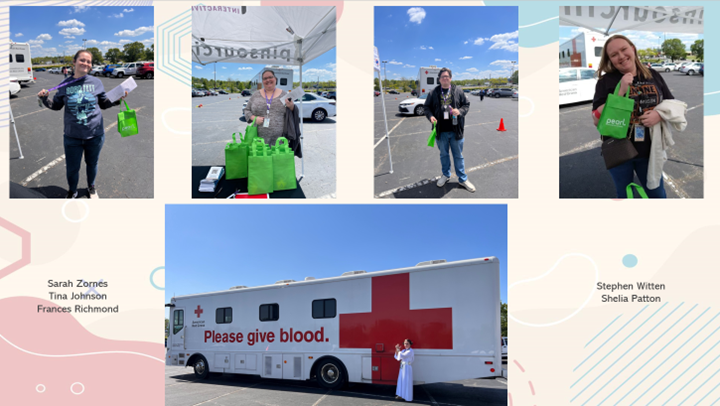 Blood Drive photo participants: Sarah Zornes, Tina Johnson, Frances Richmond, Stephen Witten, Sheila Patton